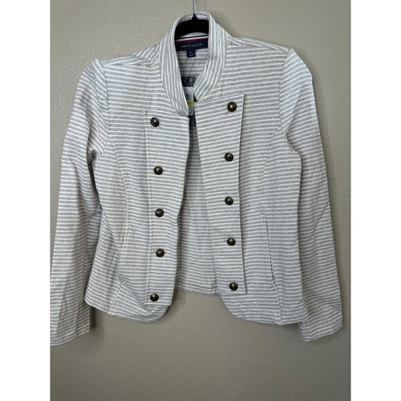 NWT Tommy Hilfiger Gray Blazer Medium striped collared cotton long sleeve - Picture 4 of 7